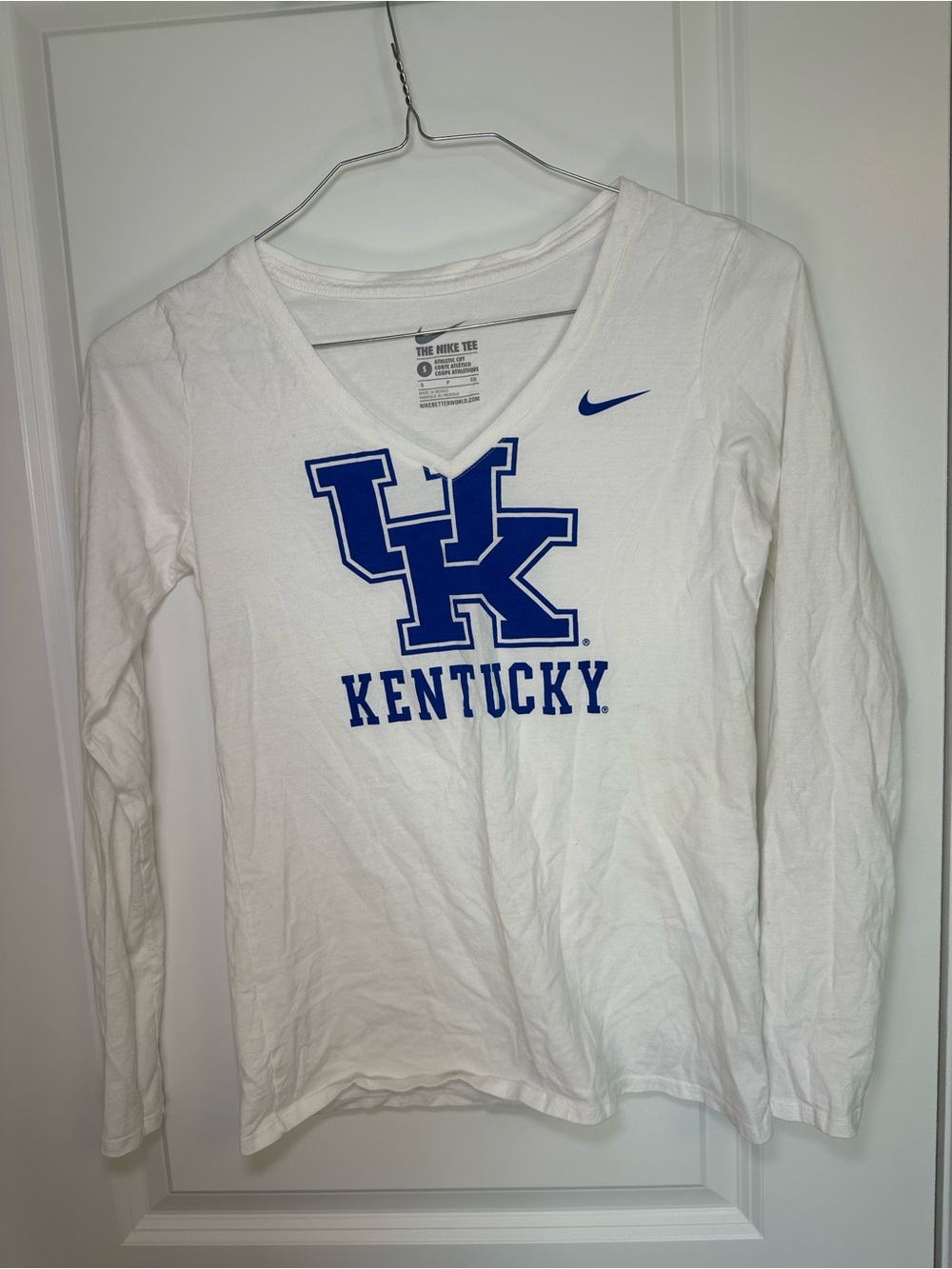 Nike White Long-Sleeve V-Neck Tee with Blue Kentucky UK Logo